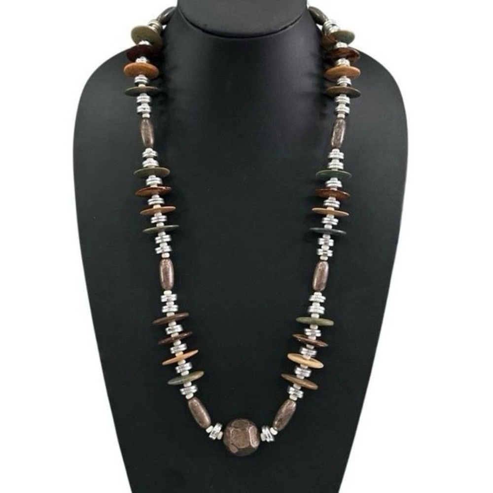 Bohemian Southern-Style Beaded Necklace Unisex
29" Brown Silver Wood Disc